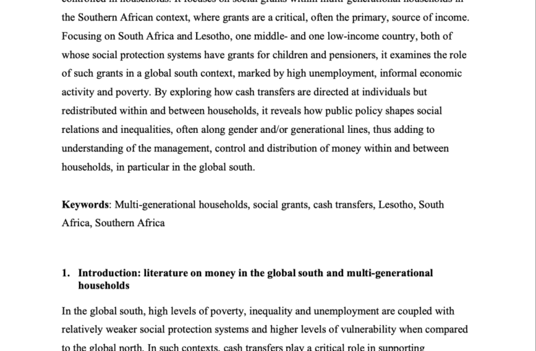 New book chapter: Understanding the role of social grants as resources in multi-generational households: examples from South Africa and Lesotho